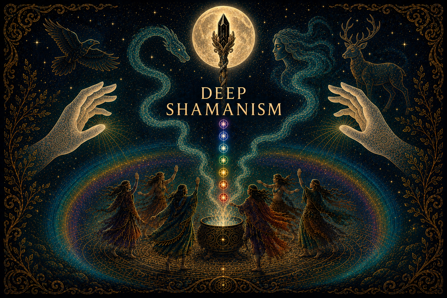 Deep Shamanism — a moonlit circle of dancers around a cauldron, framed by raven, serpent, goddess and stag beneath a crystal-topped moon