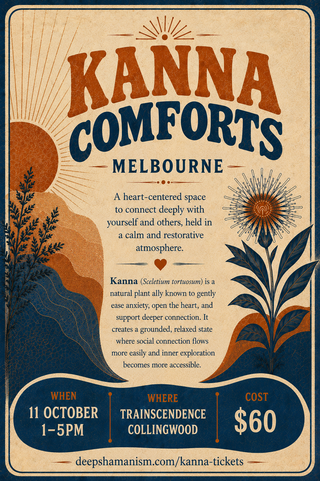 Kanna Comforts Melbourne — Sunday 11 October, 1–5pm, Trainscendence Collingwood, $60