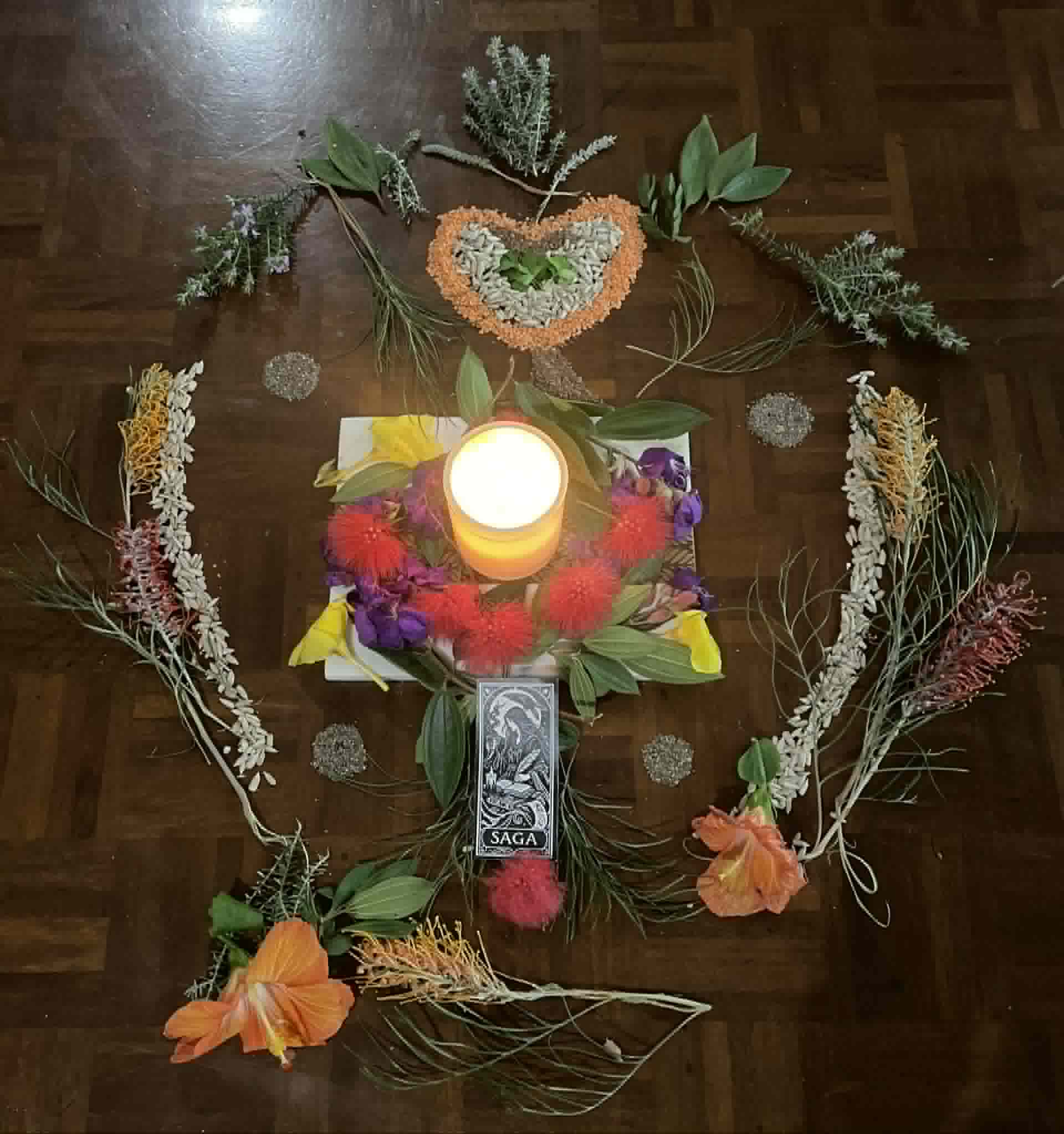 Ceremonial altar with candle and flowers